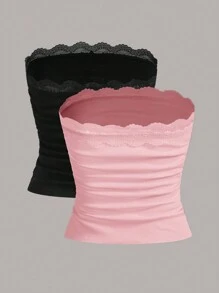 SHEIN EZwear 2 Piezas Tops Sin Tirantes Ajustados De Encaje Con Parches - Rosa - Ver 2
