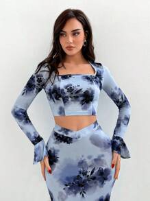 Aloruh 女款花卉印花上衣+魚尾裙兩件套