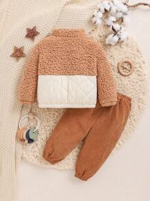 SHEIN 加厚立領寶寶男童外套褲套裝,冬季穿搭 - 卡其色 - 查看 2