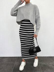 EURMUSE Women's Grey Striped Slim Fit Knitwear Two-piece Set - Light Grey - View 5