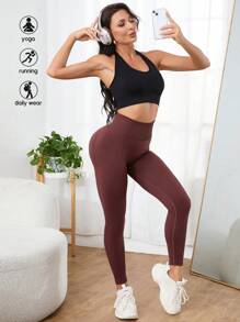 Yoga Basic 無縫寬腰帶運動打底褲 - 鏽棕色 - 查看 5