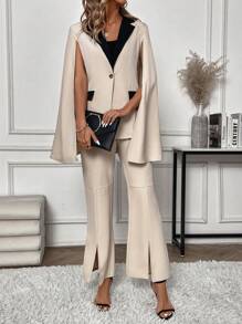 SHEIN Privé 撞色西裝褲套裝 - 杏色 - 查看 1