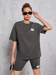 SHEIN Leap Crew Teen Girls' Knitted Plain Label T-Shirt And Shorts Set - Grey - View 4