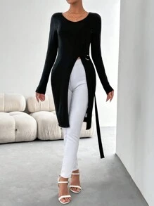 SHEIN Privé 女式長款t卹,開叉v領設計,長肩帶裝飾