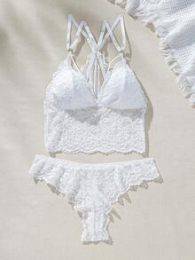 SHEIN Conjunto De Sostén Y Panty De Encaje De Color Sólido Para Mujeres - Blanco - Ver 4