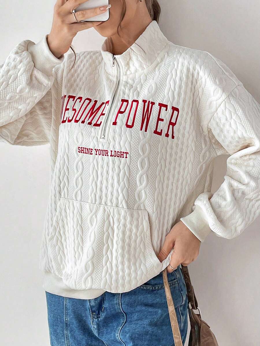 SHEIN EZwear Thư thêu 1/4 Túi khóa kéo Hoodie - Màu be - Xem 1
