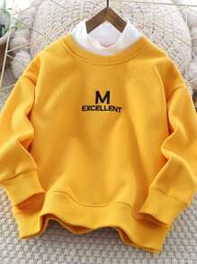 Tween Boys' Casual Fleece Pullover Sweatshirt With Stand Collar And Contrasting Letter Embroidery - Yellow - View 1