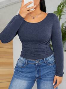 SHEIN EZwear Dệt kim Của phụ nữ Kích thước lớn Thon gọn Áo thun - Màu xanh hải quân - Xem 6