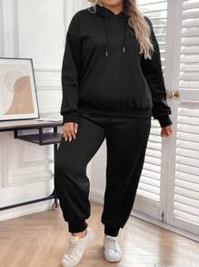 SHEIN LUNE Women's Plus Size Solid Color Drawstring Hoodie And Sweatpants Set - Black - View 5
