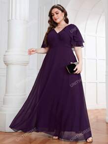 UNITHORSE UNITHORSE Plus Size Women Chiffon Bridesmaid Dress With Ruffle Sleeve, Birthday Women Outfits, Graduation Dress, Formal Dress