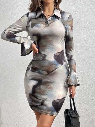 SHEIN Privé Kvinnors Batikfärg Avslå Krage Svallande Ärm Klänningar