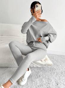 EURMUSE Women's Asymmetrical Shoulder Ribbed Top And Pants Two Pieces Set - Grey - View 4