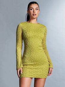SHEIN BAE 女士長袖露背緊身連衣裙 - 芥末黃 - 查看 4