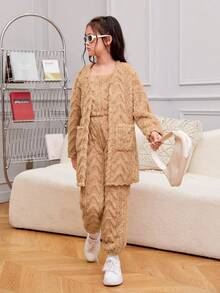 SHEIN 青少女個性化酷炫運動針織兩面絨面固色外套,並配有背心和捲邊褲套裝 - 駝色 - 查看 4