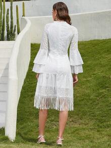 Eilly Bazar 喇叭袖流蘇下擺連身裙 - 白色 - 查看 2