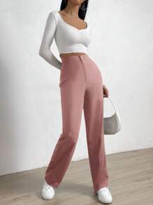 EURMUSE Pantalones De Vestir Con Detalle De Botones De Color Liso - Rosa - Ver 3