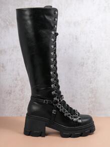 SHUZIA 女士時尚純色高跟過膝靴，帶側拉鍊設計 - 黑色 - 查看 2