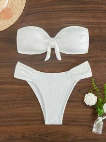 SHEIN Swim Summer Ribbed Knitted Bikini Set With Front Knot Detail