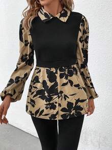 SHEIN LUNE Floral Print Panel Lantern Sleeve Shirt - Khaki - View 3