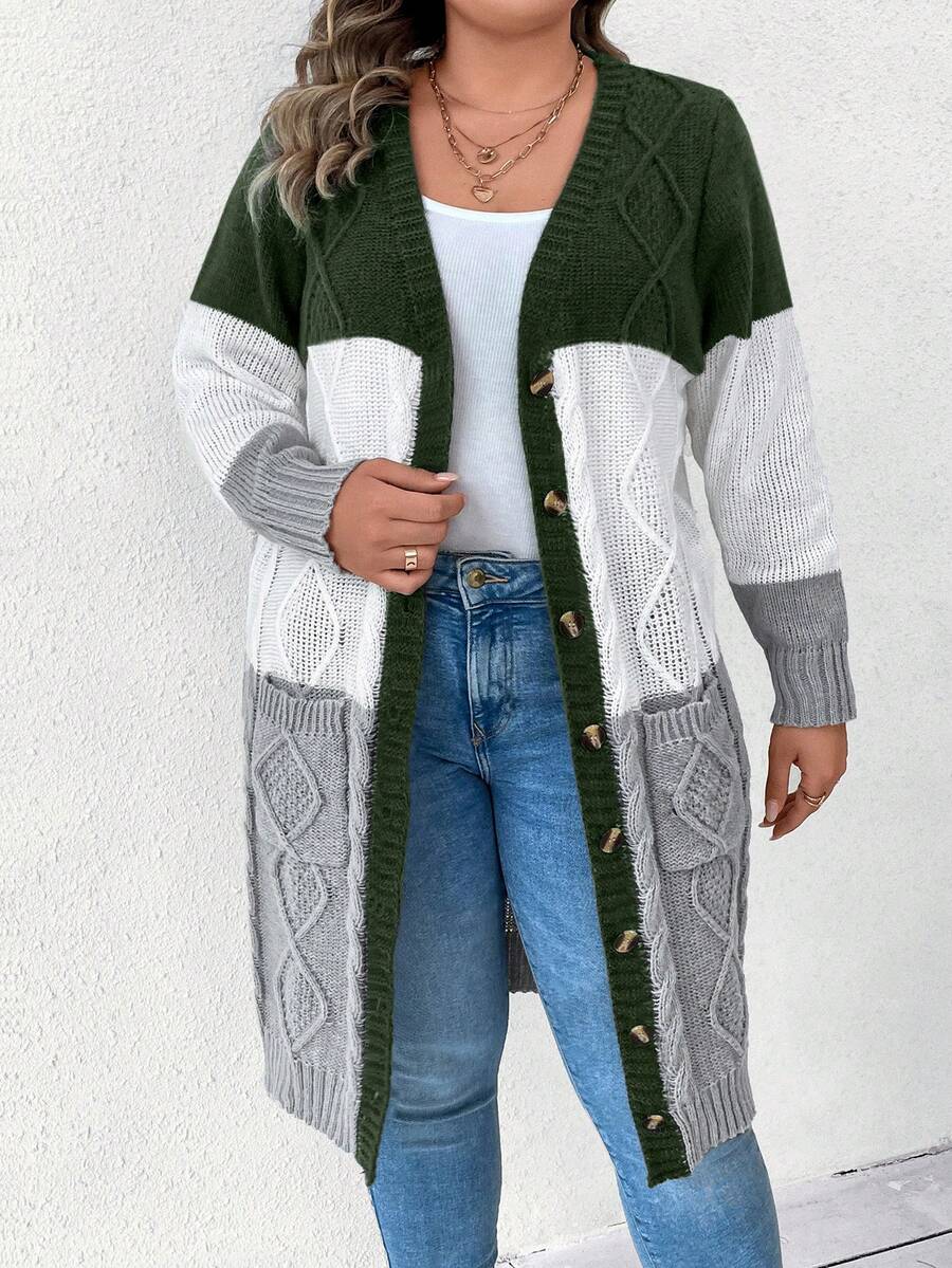 SHEIN LUNE Plus Size Colorblock Single-breasted Cardigan - Multicolor - View 1