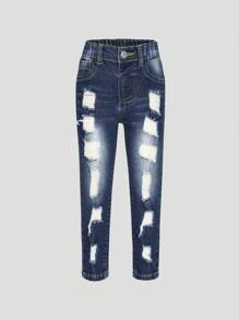 SHEIN Explorewe Young Girl Washed Ripped Stretchy Jeans - Medium Wash - View 1