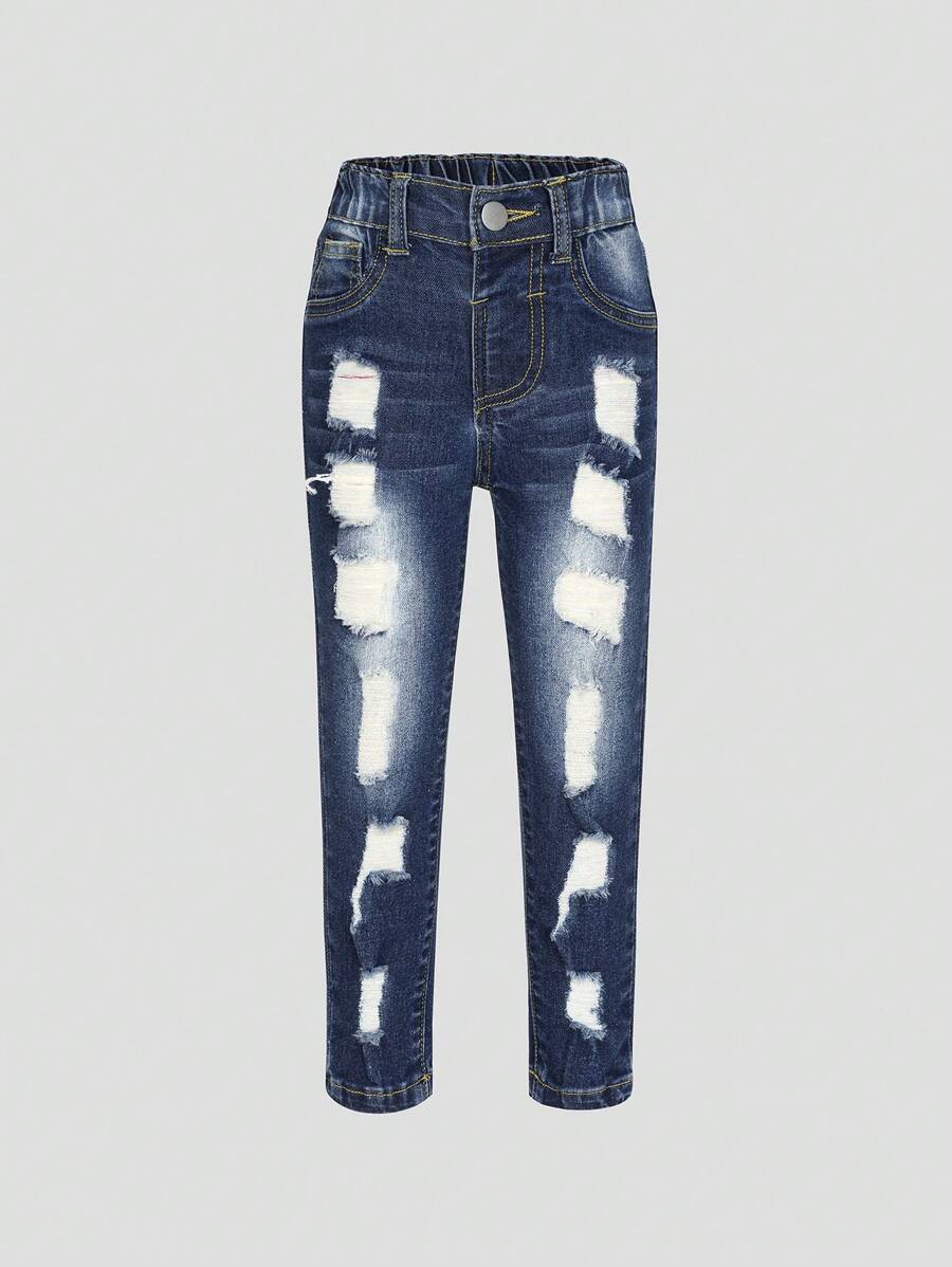 SHEIN Explorewe Young Girl Washed Ripped Stretchy Jeans - Medium Wash - View 1