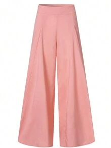 Women's High Waist Pleated Wide Leg Pants With Pockets, Solid Color - Pink - View 3