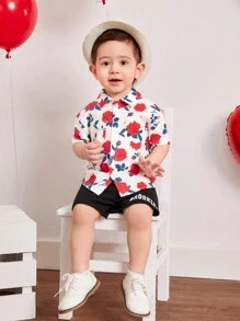 SHEIN Baby Boys' Casual Rose Pattern Short Sleeve Shirt And Shorts Set - Multicolor - View 8