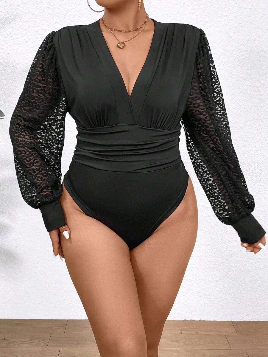 Celure 大尺碼女士蕾絲燈籠袖連身衣 - 黑色 - 查看 1