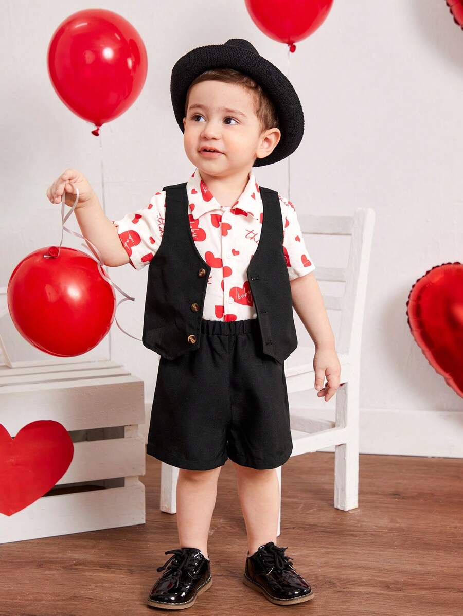 SHEIN Baby Boys' Gentleman Outfits, Heart Pattern Casual Shirt, Solid Color Vest, Shorts, 3pcs/set - Red - View 1