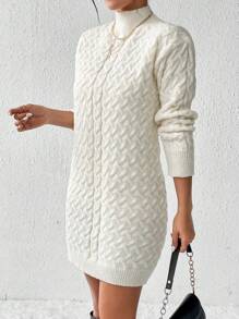 SHEIN Frenchy Women's Turtleneck Textured Sweater Dress - Beige - View 4