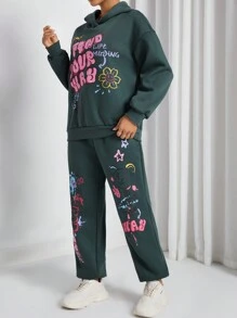 SHEIN EZwear 字母印花連帽運動衫和長褲套裝 - 軍綠色 - 查看 4