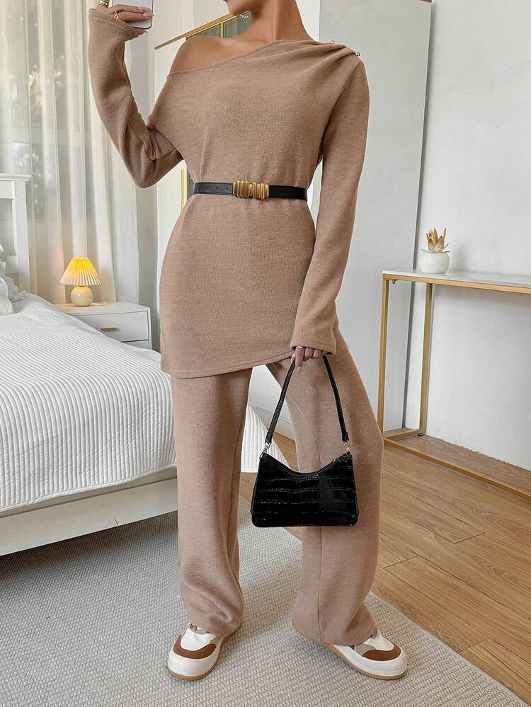Oblique Shoulder Solid Color Top And Pants Set