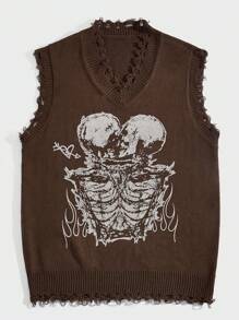 ROMWE MEN Goth 男士骷髏印花毛衣背心 - 咖啡棕 - 查看 1