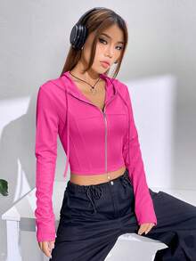 SHEIN EZwear Slim Fit Solid Color Drawstring Hoodie - Hot Pink - View 5