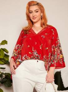 SHEIN CURVE+ Women's Plus Size Floral Printed V-neck Shirt With Lace Splicing And Weaved Belt - Red - View 1