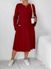 SHEIN Frenchy Plus Size Solid Color Bell Sleeve Dress - Burgundy - View 4