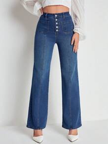 SHEIN Essnce Women's High Waist Wide Leg Denim Pants With Button Closure Pockets - Dark Wash - View 6