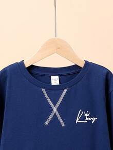 SHEIN 男大童合體休閒翻領t卹格紋長褲家居服 - 藏蓝色 - 查看 9