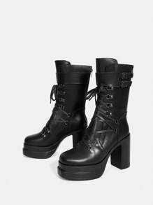 SheIn ICON 前繫帶時尚摩托車靴 - 黑色 - 查看 1