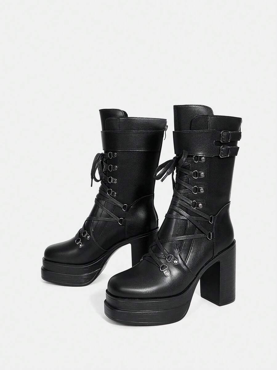 SheIn ICON 前繫帶時尚摩托車靴 - 黑色 - 查看 1