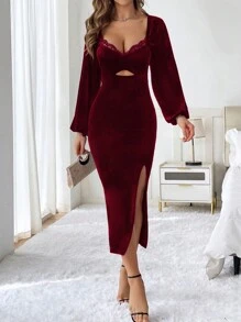 SHEIN Privé 女款純色蕾絲塊燈籠袖鏤空高開叉洋裝 - 酒紅色 - 查看 3