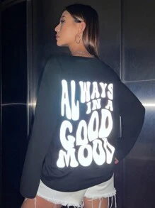 SHEIN Unity 英文字母圖案圓領長袖超大t卹 - 黑色 - 查看 2