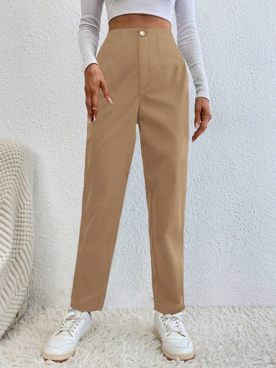 EURMUSE Women's Khaki High Waisted Long Pants - Apricot - View 1