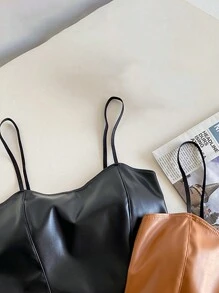 青少年女孩复古仿皮吊带吊带上衣，短款，固定罩杯，带可拆卸衬垫，适合作为内搭或外套