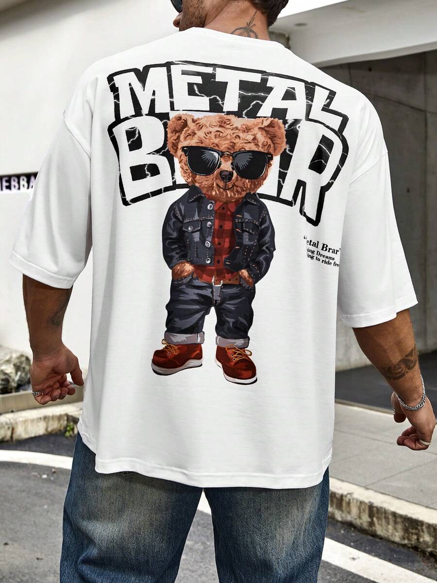 Manfinity Hypemode Men's Plus Size Loose Fit Drop Shoulder T-shirt With Bear & Letter Print - White - View 1