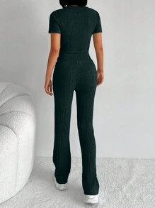 Set Da Due Pezzi A Coste Tinta Unita - Verde Scuro - Visualizzare 2