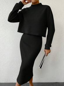 Women's Stand Collar Ribbed Top And Skirt Set