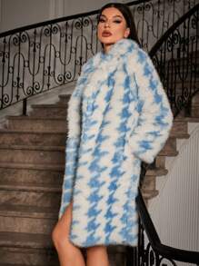 Allurite Đồ họa Houndstooth Sang trọng Áo khoác - Xanh và trắng - Xem 4