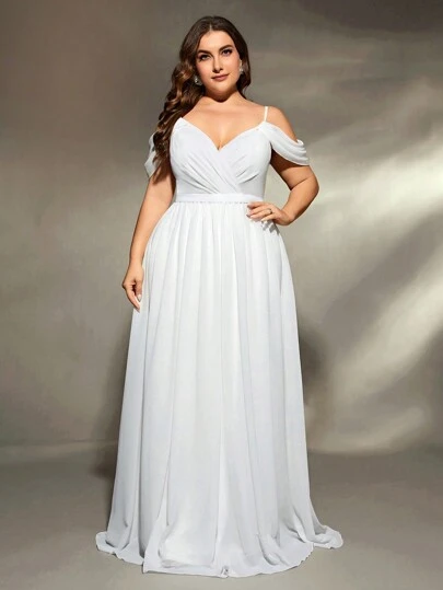 Plus Size Asymmetrical Ruched Cross Chiffon Sleeveless Bridal Ball Gown, Wedding Dress,Bride Spring White Party